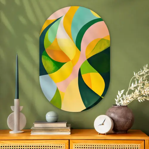 Abstract - Geel - Roze - Groen Wandcirkel Ovaal Glas middel -sfeer2