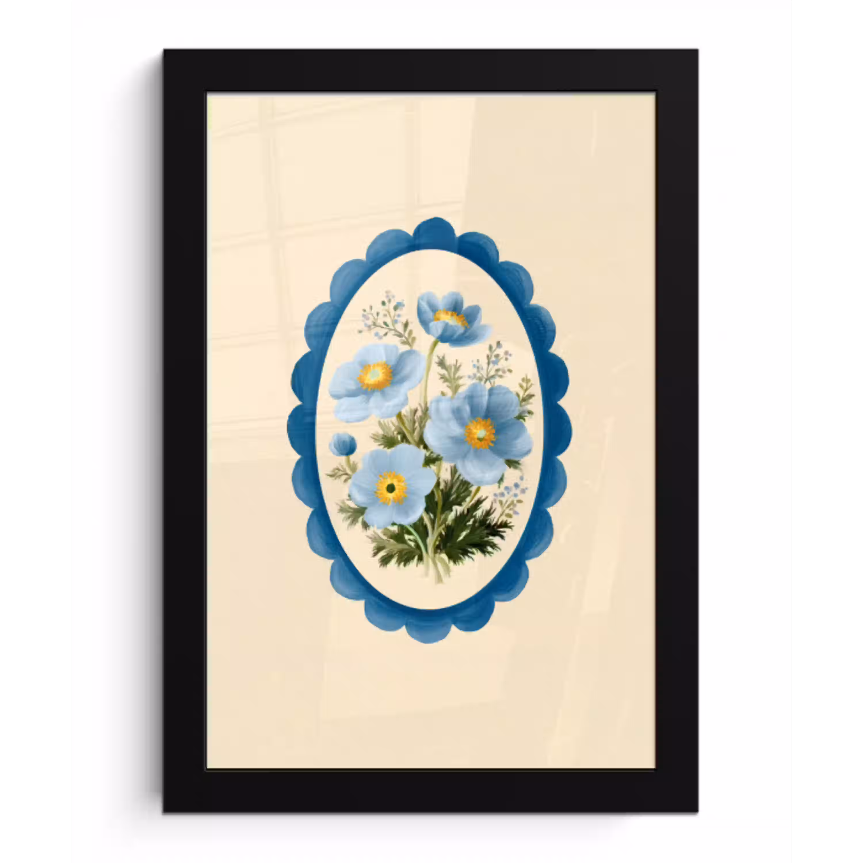 Lijst - Bloemen - Lichtblauw - Illustratie fotolijst zwart zonder passe partout klein -3d