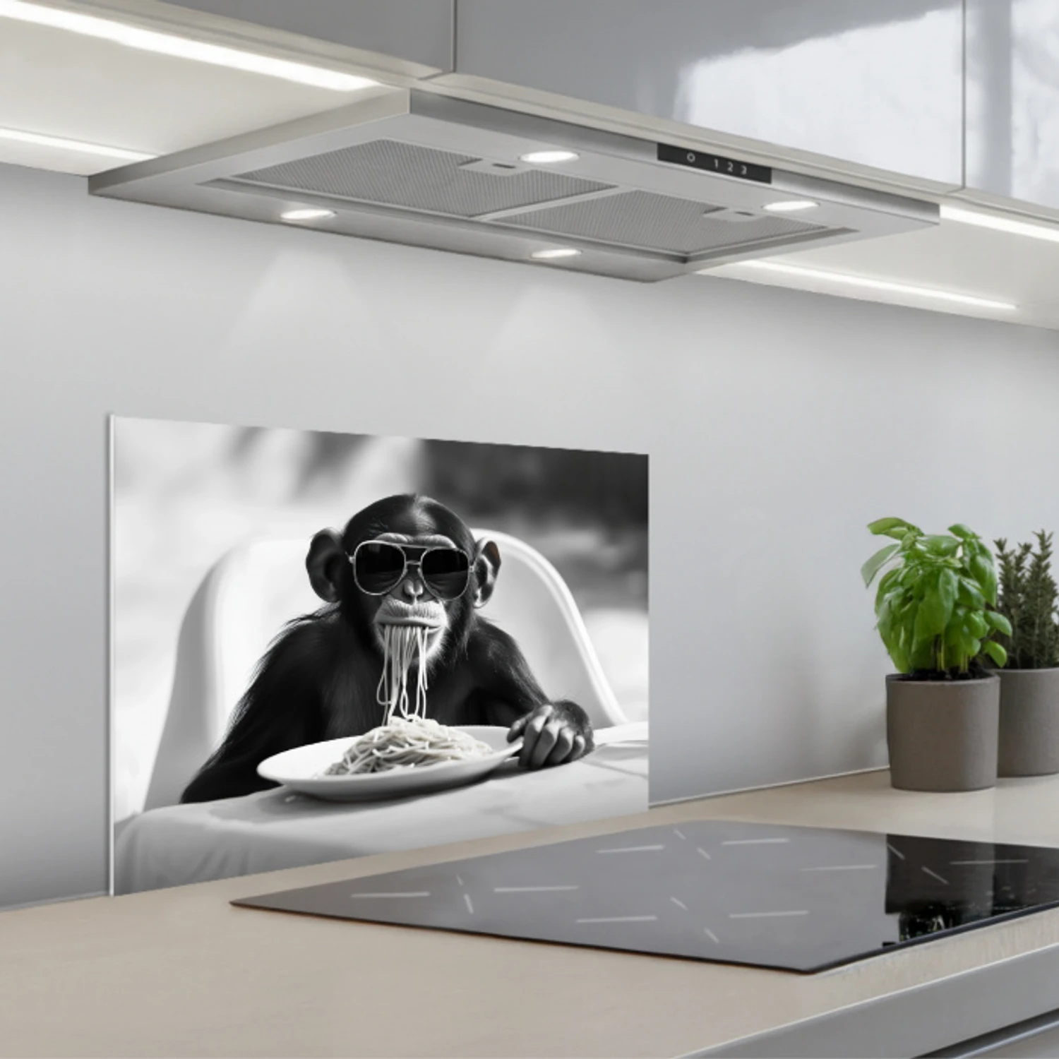 Aap - Spaghetti - Zonnebril - Zwart wit - Cool - Dier keuken achterwand spatscherm klein -3d_schuin