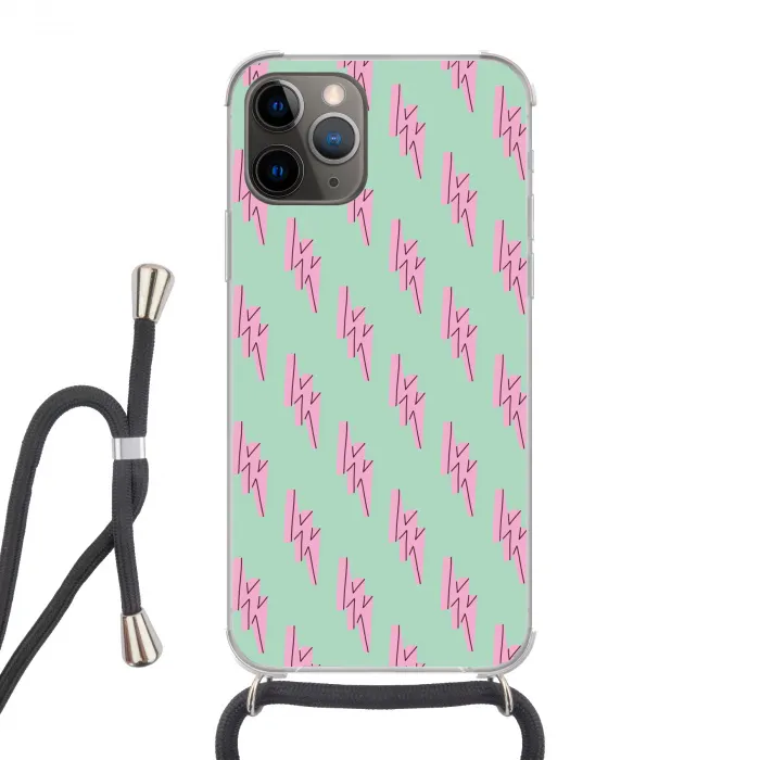 Bliksemschichten - Patroon - Groen - Roze Hoesje iPhone 12 Pro met koord klein -3d