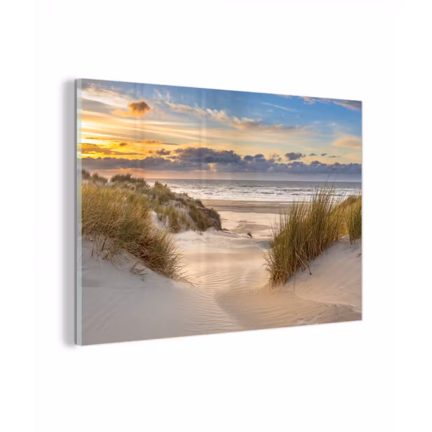 Glasbild - Strand - Düne - Gras - Sonnenuntergang - Meer