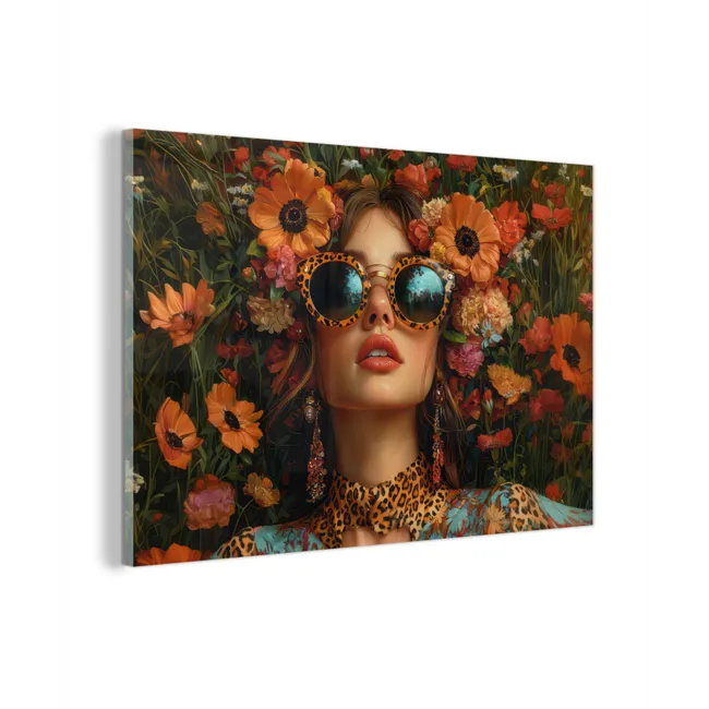 Glas schilderij - Vrouwen - Bloemen - Modern - Bril - Abstract
