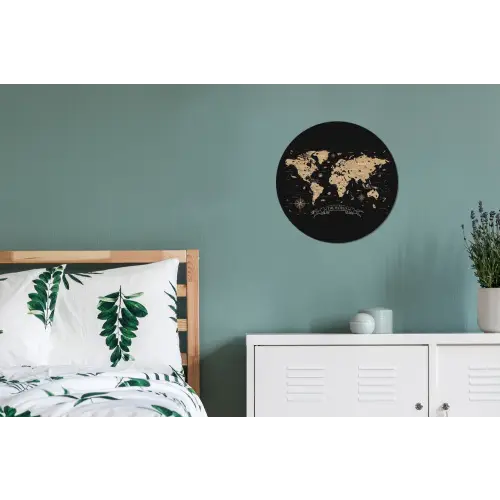 Wereldkaart - Beige - Zwart Wandcirkel aluminium klein -slaapkamer