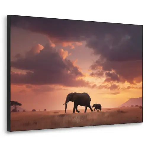 Olifanten - Grasland - Zonsondergang Textielframe zwart klein -3d