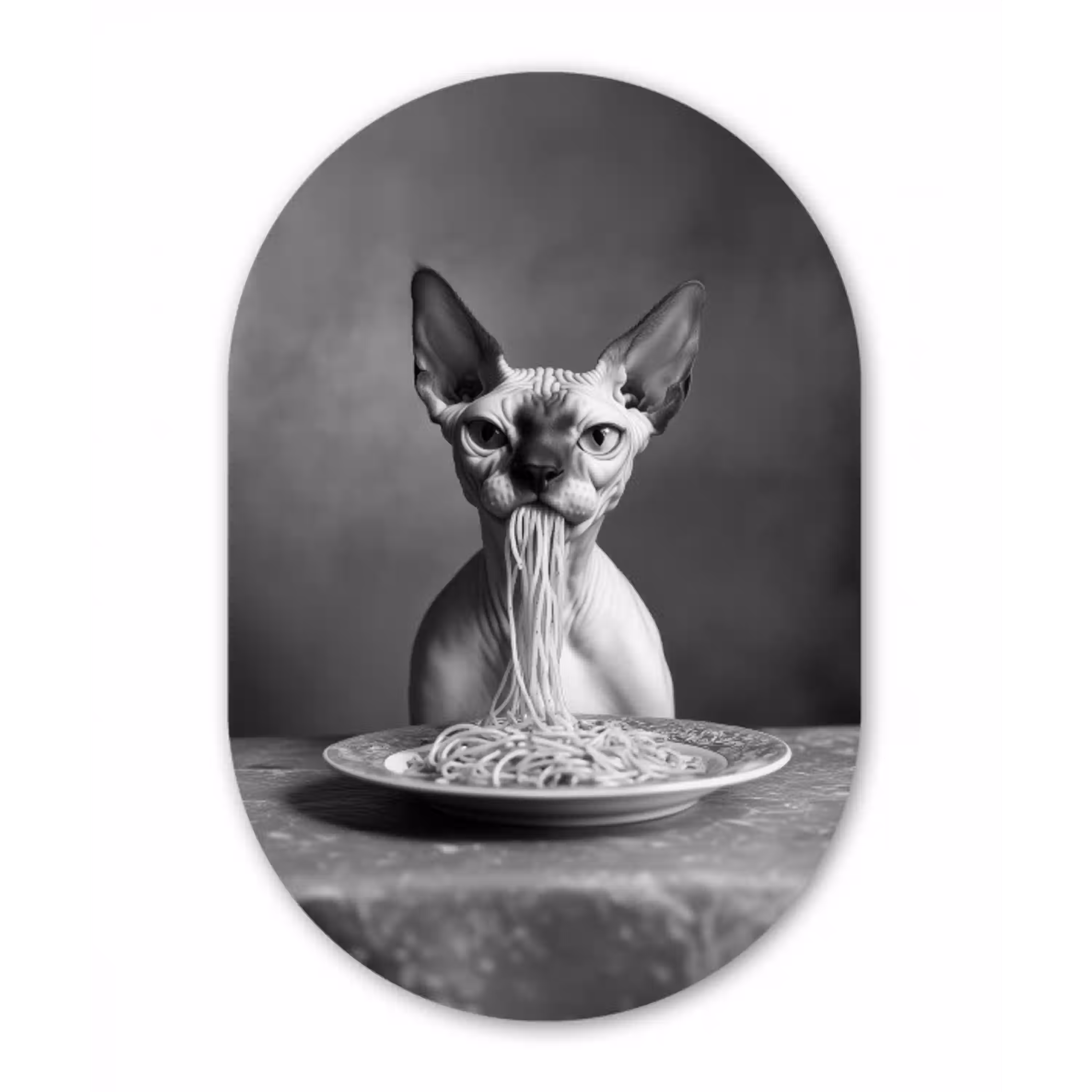 Sphynx - Kat - Dieren - Humor - Spaghetti - Zwart Wit Wandcirkel Ovaal Aluminium middel -3d