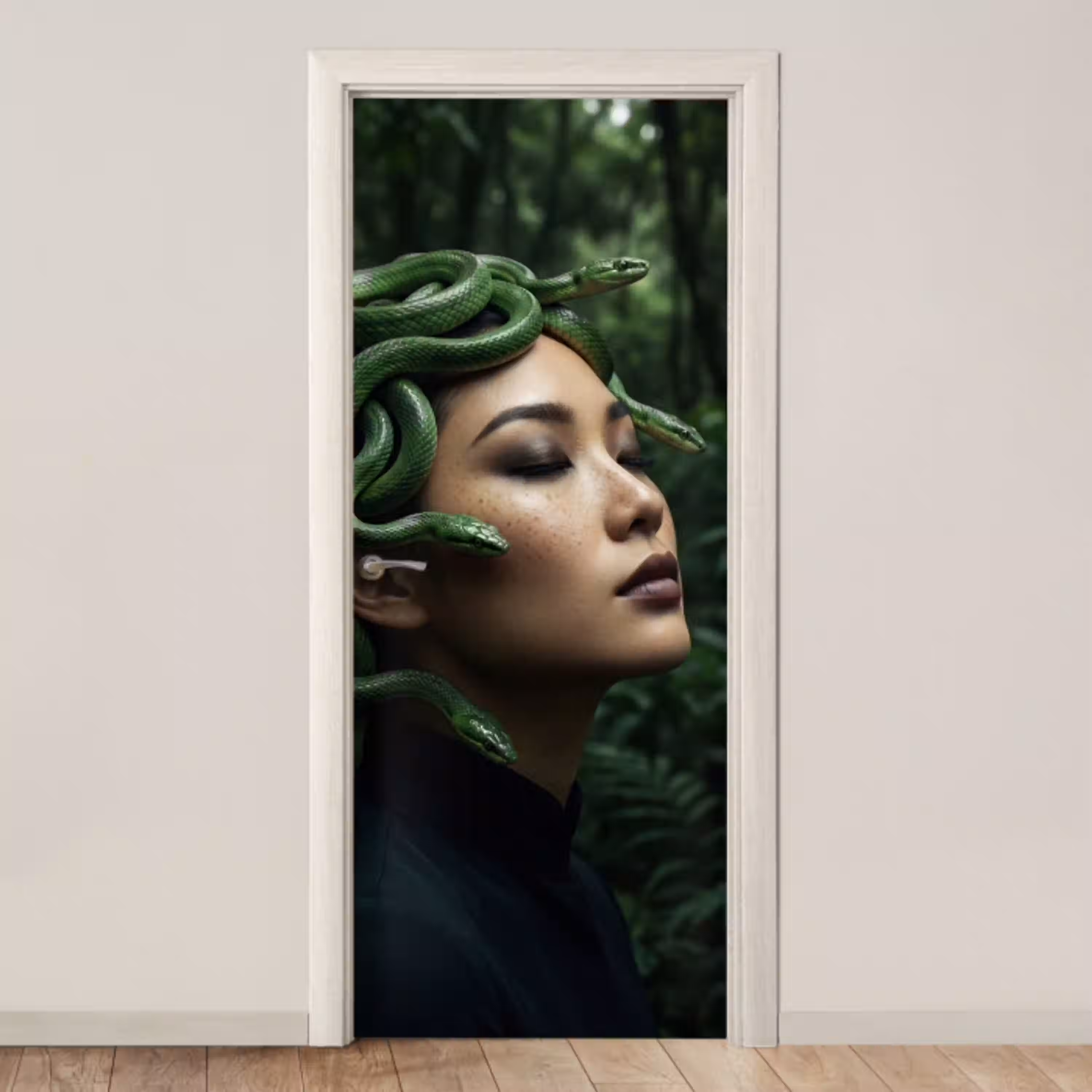 Vrouw - Slang - Natuur - Mystiek - Groen deurposter klein -3d_beige