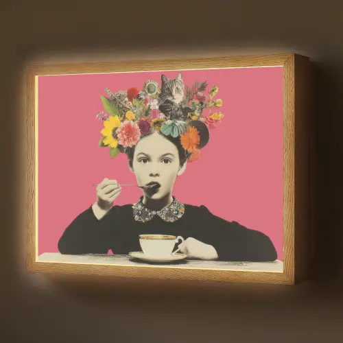 Meisje - Kopje - Bloemen - Roze Light Box met batterij (Wandlamp) middel -z3d_website