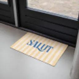 Salut - Quote - Strepen - Geel - Blauw - Wit Deurmat klein -sfeer2