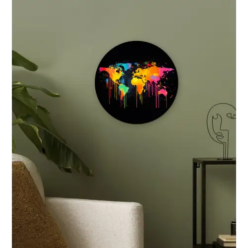 Wereldkaart - Verf - Kleurrijk - Graffiti - Wereld Wandcirkel kunststof plaat 5mm dik klein -sfeer3