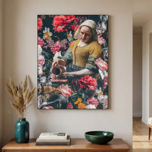 Melkmeisje - Johannes Vermeer - Bloemen - Roze Textielframe zwart klein -sfeer1