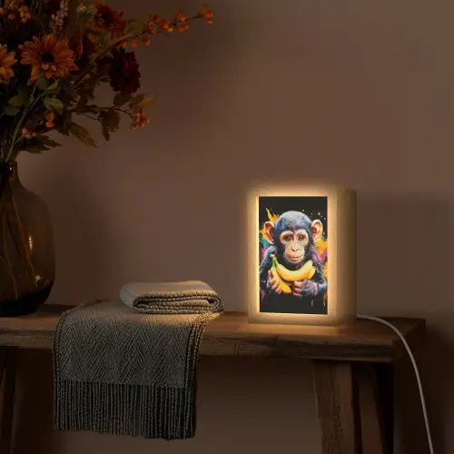 Aap - Graffiti - Kleurrijk - Bananen - Modern Light Box met kabel (Tafellamp) klein -sfeer4