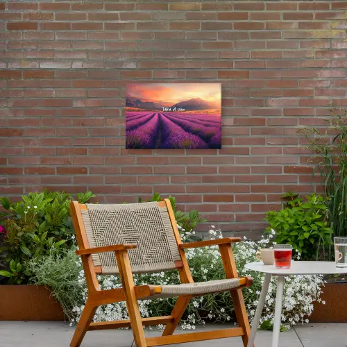 Lavendelveld - Quote - Zonsondergang Tuinposter op houten frame 2 cm dik klein -sfeer3