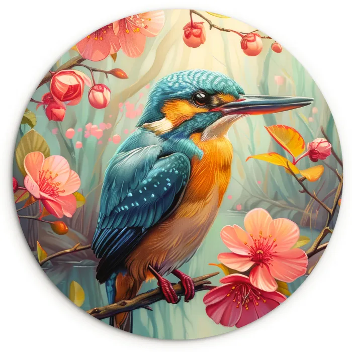 IJsvogel - Bloesem - Natuur - Vogels - Bloemen Wandcirkel kunststof plaat 5mm dik klein -3d