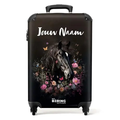 Zwart paard met witte bles en kleurrijke bloemen NBS - Handbagage koffer - Kinderen Unisex middel -productfoto_recht