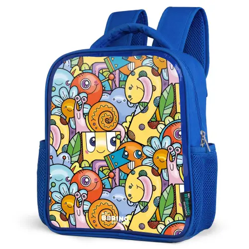 Cartoon van verschillende wezens en gezichten Kinderrugzak - Blauw middel -schuin