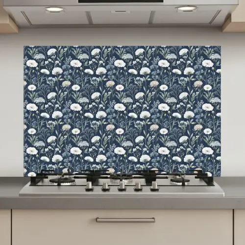 Patroon - Bloemen - Wit - Blauw keuken achterwand spatscherm klein 900 -3d_website