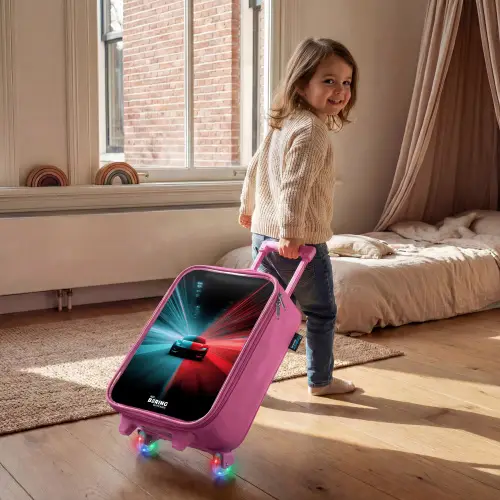 Sportwagen - Lichtstralen - Neon - Blauw Kinderkoffer - Roze klein -sfeer1