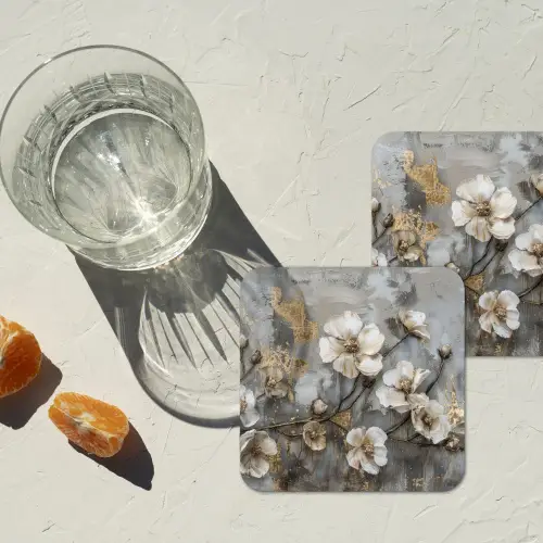 Bloemen - Wit - Grijs - Goud - Luxe onderzetter kurk middel -sfeer4