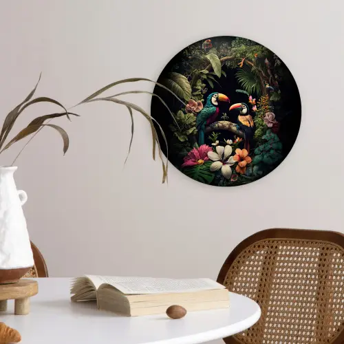 Vogel - Bloemen - Planten - Jungle - Zwart - Toekan Wandcirkel kunststof plaat 5mm dik klein -sfeer4