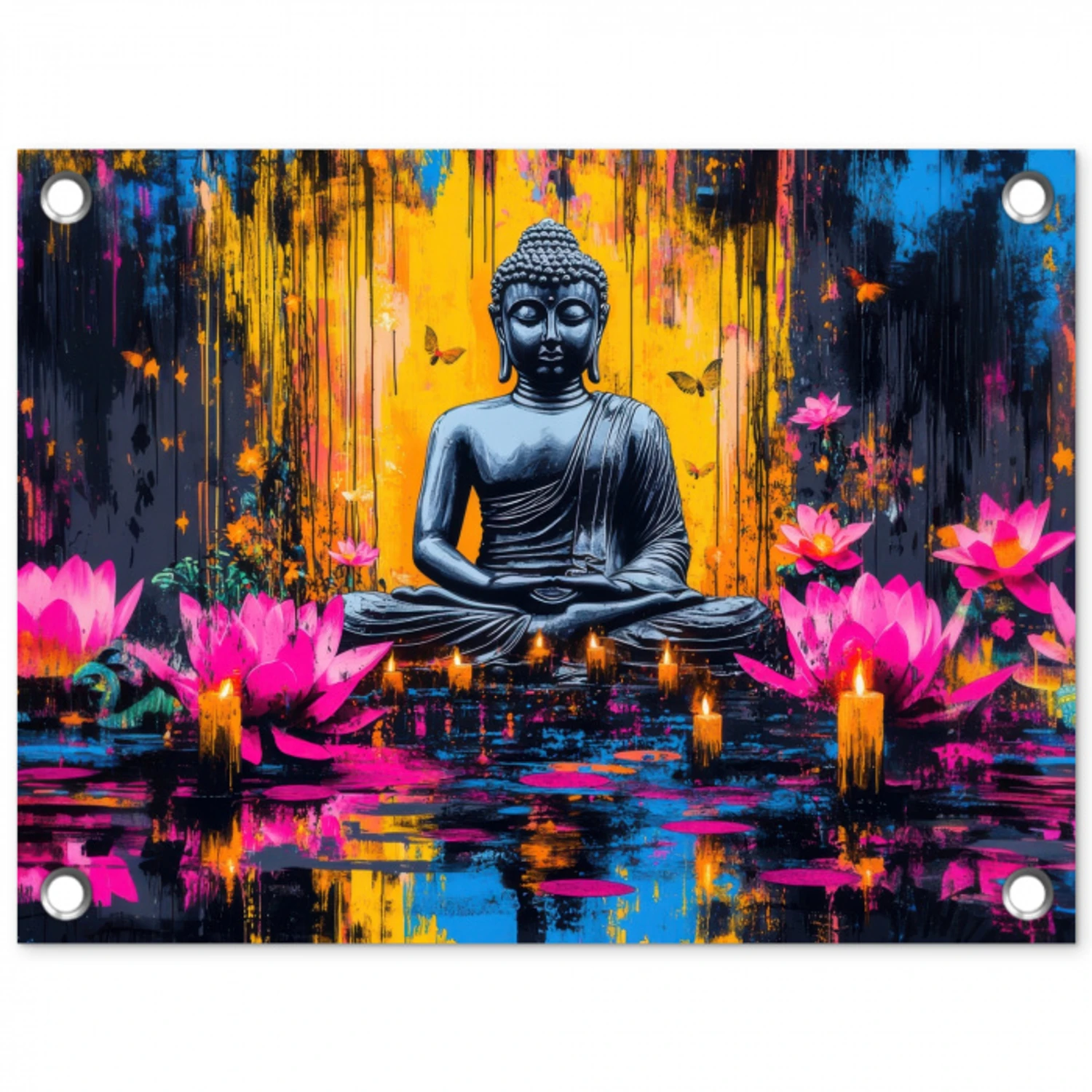 Buddha - Bloemen - Kaarsen - Geel tuinposter los doek klein -3d