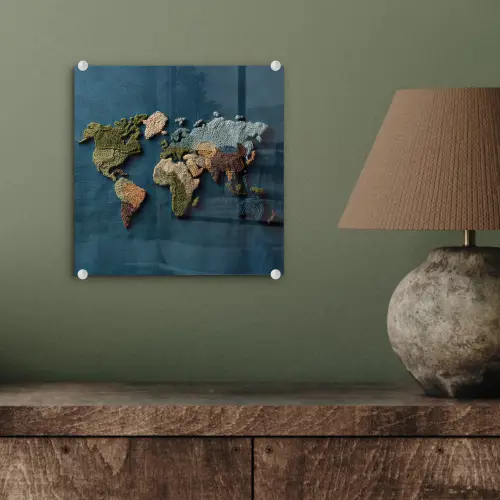 Wereldkaart - Geborduurd - Verschillende tinten plexiglas 5mm klein -sfeer3