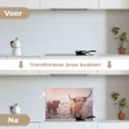 Schotse Hooglanders - Sneeuw - Zon keuken achterwand spatscherm klein -voor_na_NL