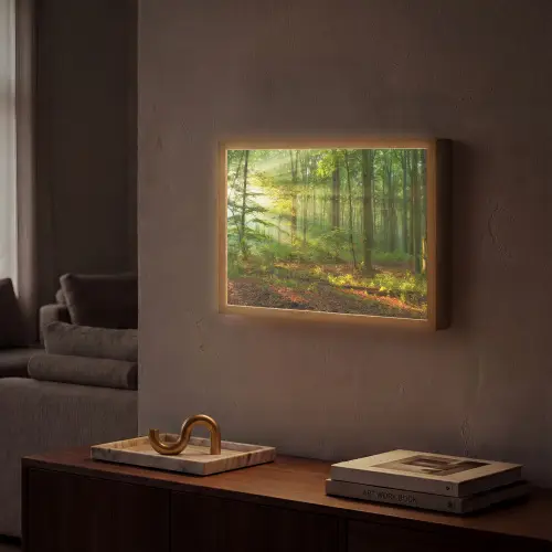Zon - Bos - Bomen - Natuur - Herfst Light Box met batterij (Wandlamp) middel -sfeer1