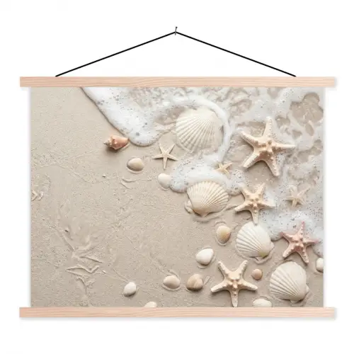 Schelpen - Zeesterren - Strand textielposter latten blank klein -3d