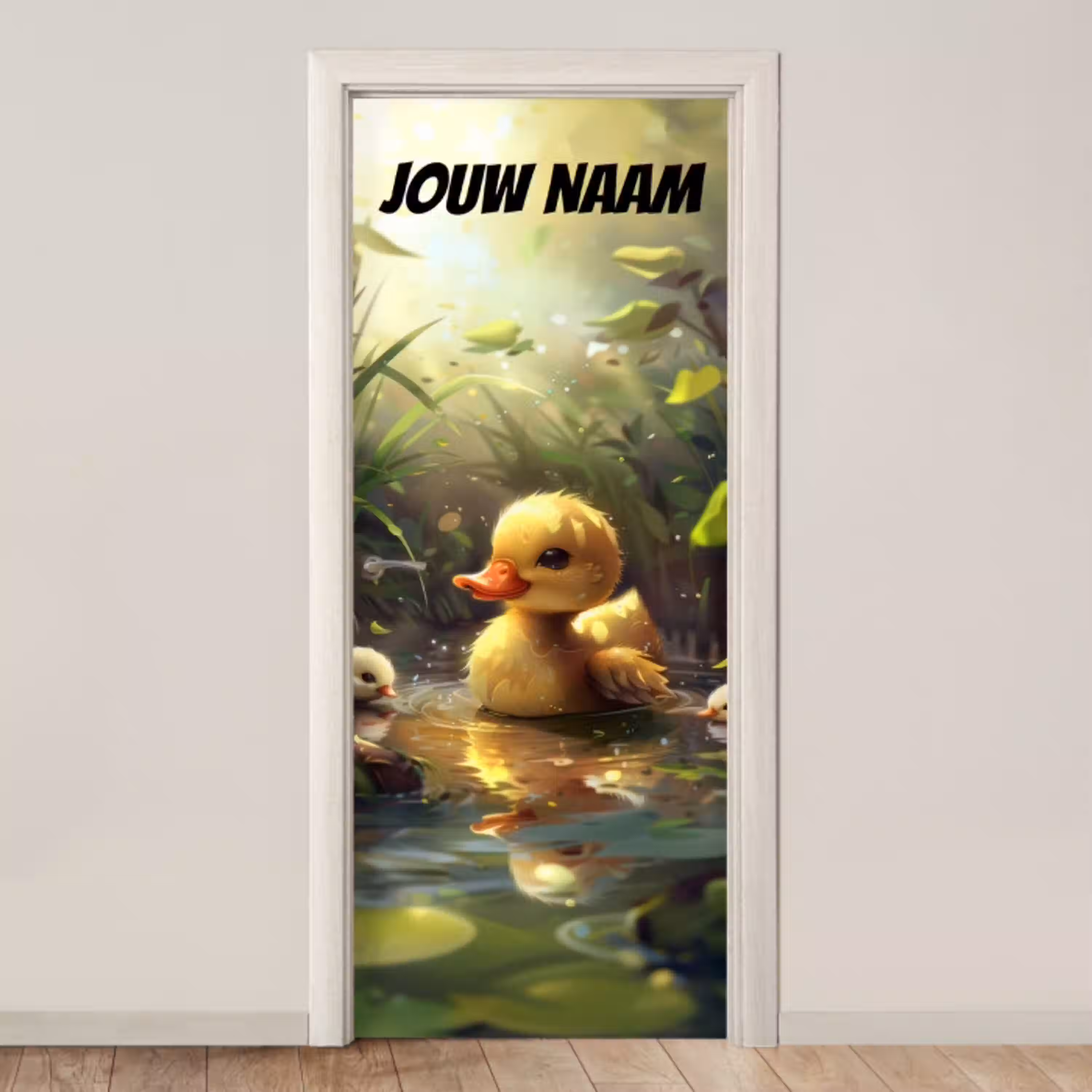 Schattig eendje in water met de tekst “Deze kamer is van: jouw naam”. deurposter klein -3d_beige
