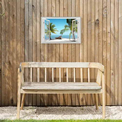 Doorkijk - Strand - Palmboom - Boot - Tropisch - Zee - Blauw Tuinposter op houten frame 2 cm dik klein -sfeer4