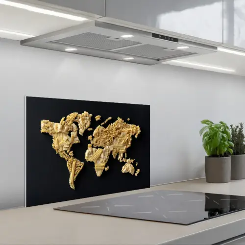 Wereldkaart - Pasta - Zwart keuken achterwand spatscherm klein -3d_schuin