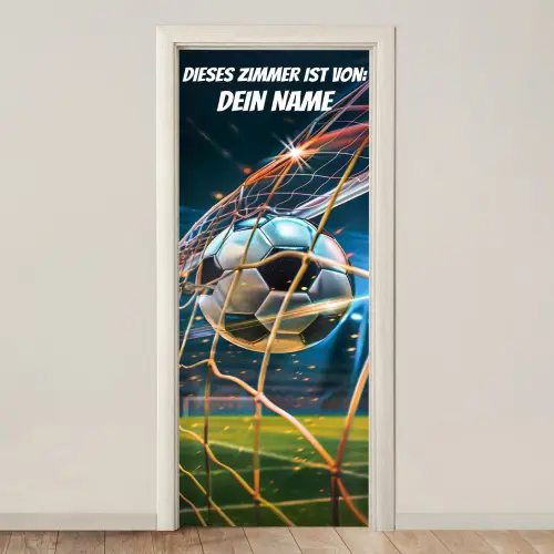 Fußball im Tornetz mit Namensfeld. deurposter klein -3d_beige