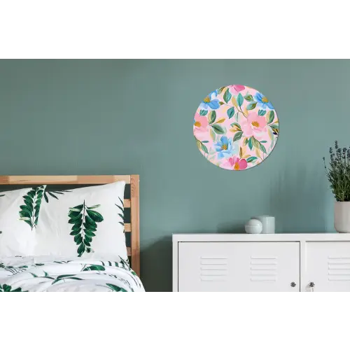 Blauw - Roze - Bloemen Wandcirkel aluminium klein -slaapkamer