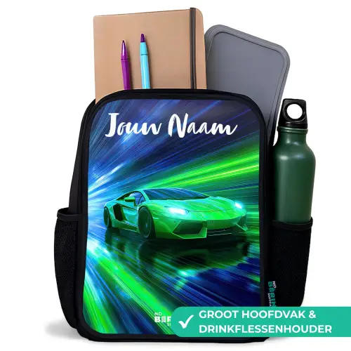Sportauto - Groen - Snelheidslijnen - Neon Rugzak - Zwart middel -inhoud_NL