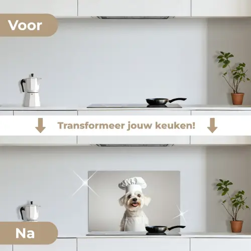 Hond - Wit - Kok keuken achterwand spatscherm klein -voor_na_NL