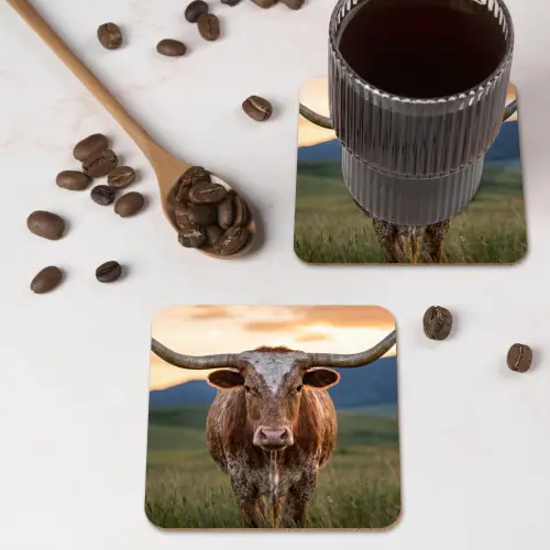 Longhorn - Landschap - Zonsondergang onderzetter kurk middel -sfeer2