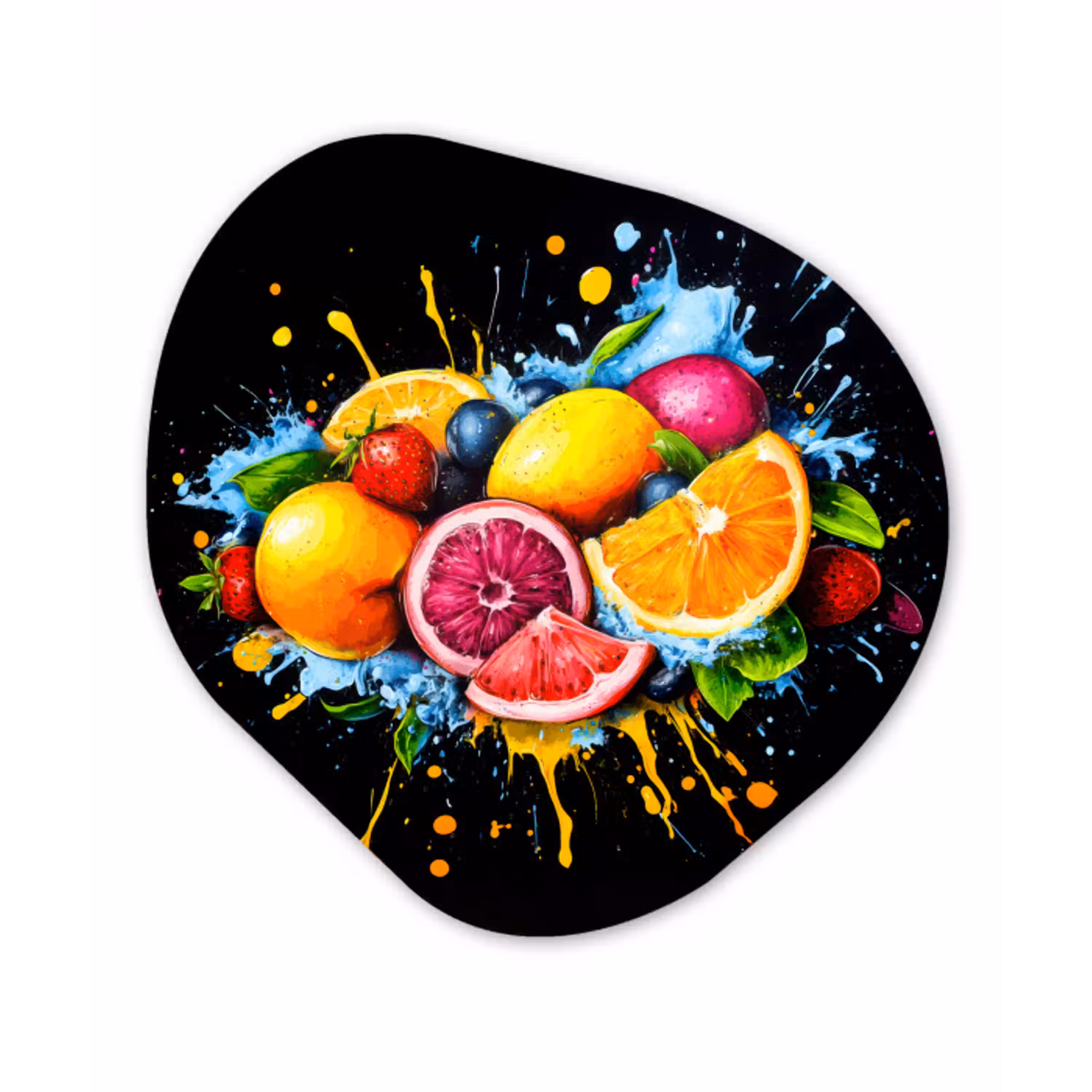 Fruit - Graffiti - Kleurrijk - Sinaasappel - Aardbei - Abstract Wandcirkel Organisch Aluminium middel -3d