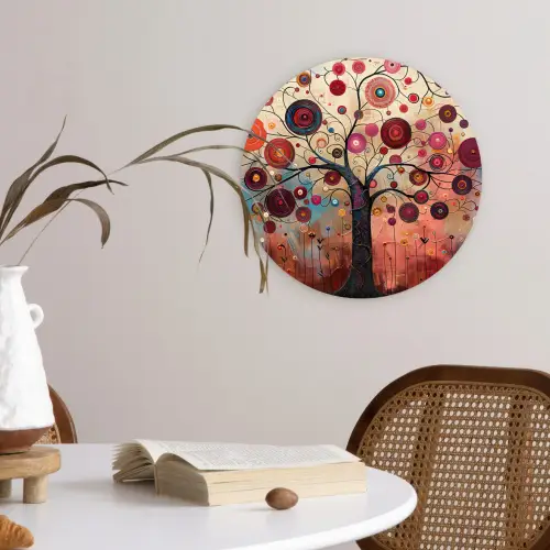 Levensboom - Bloemen - Roze - Hippie - Kunst Wandcirkel kunststof plaat 5mm dik klein -sfeer4