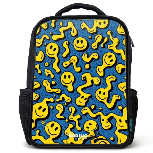 Smiley - Blauw - Geel Rugzak - Zwart middel -3d