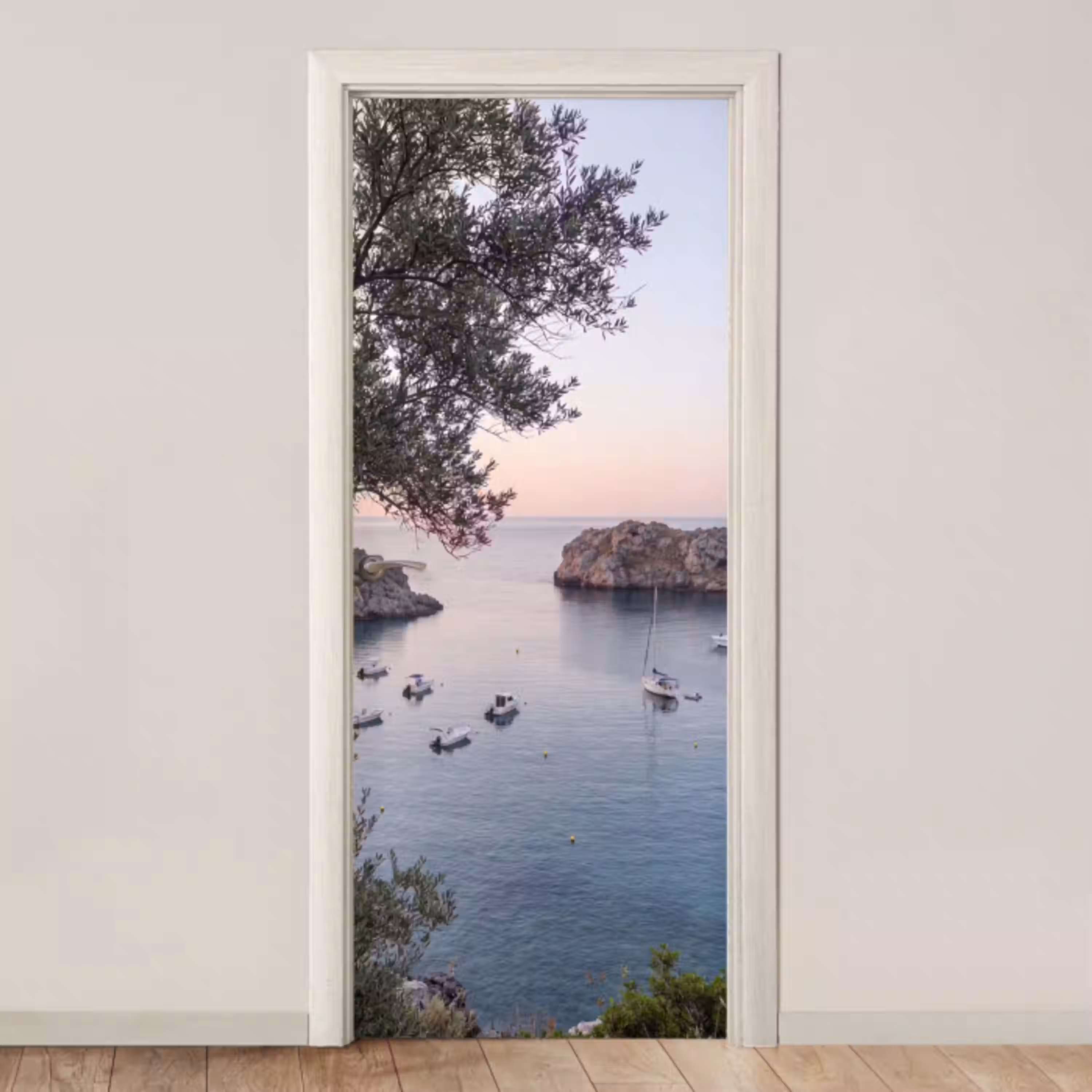 Baai - boten - zonsondergang deurposter klein -3d_beige