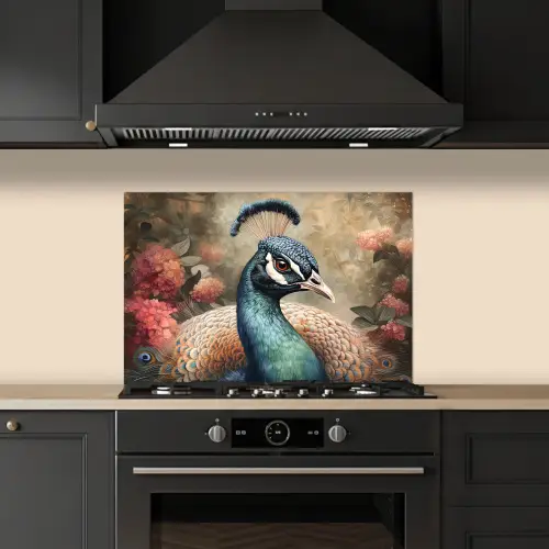 Pauw - Vogel - Bloemen - Planten - Pauwenveren keuken achterwand spatscherm klein -sfeer1