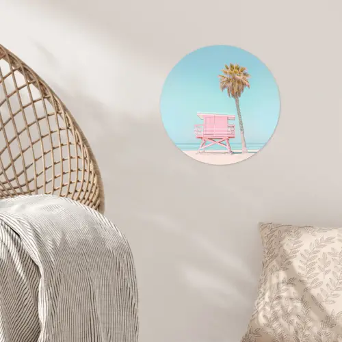 Palmboom - Strandhuis - Roze Wandcirkel behangsticker klein -sfeer4