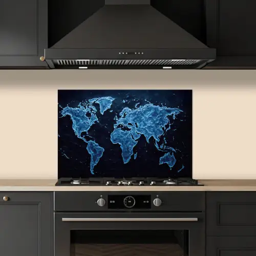 Wereldkaart - Waterstructuur - Blauw keuken achterwand spatscherm klein -sfeer1