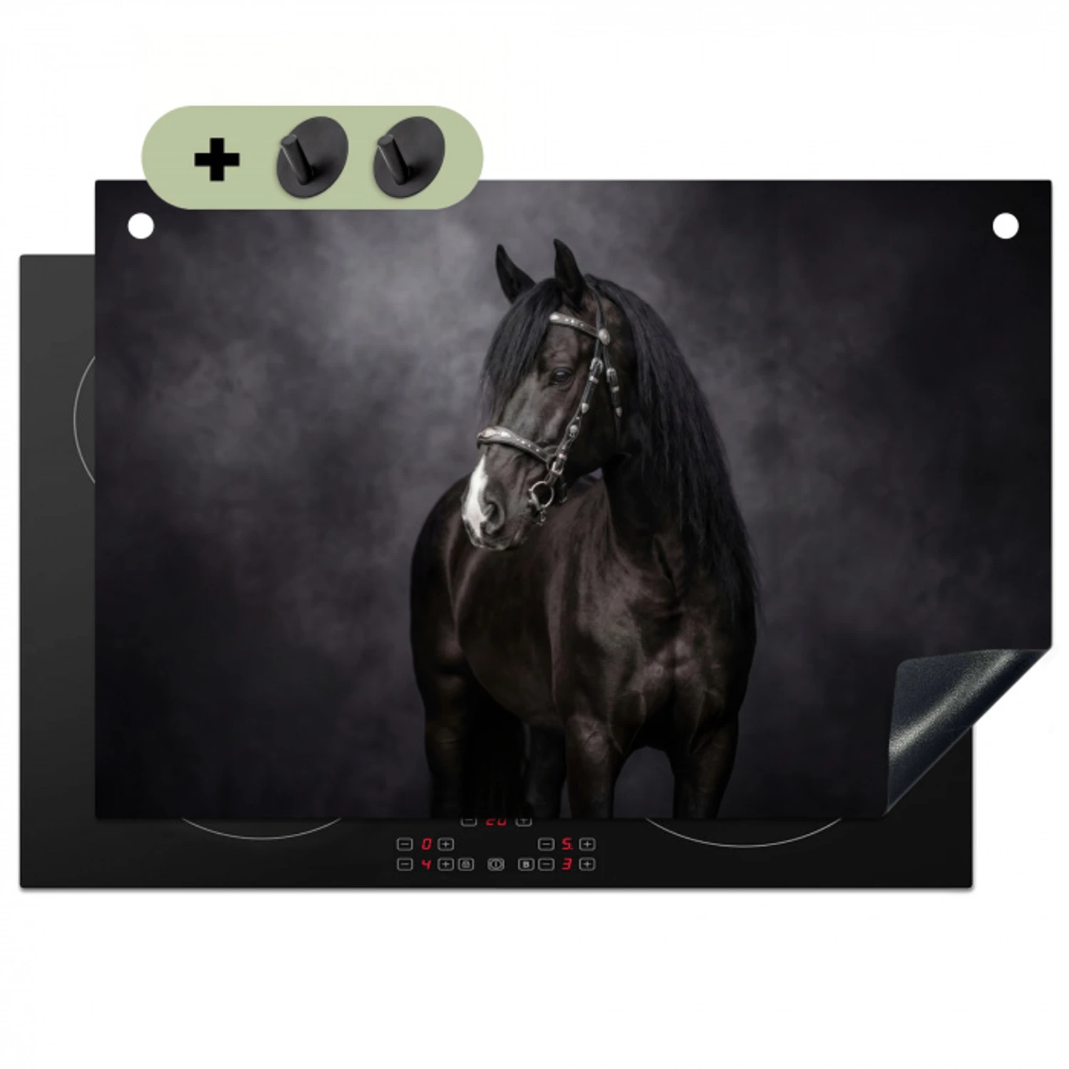 Portret - Paard - Zwart Inductie beschemer met haakjes klein -3d