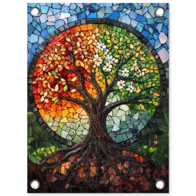 Boom - Seizoenen - Mozaïek - Bergen tuinposter los doek klein -3d