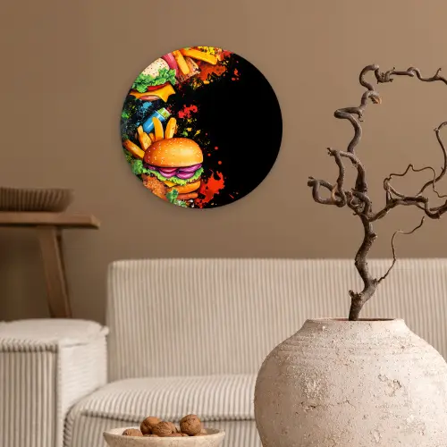 Fastfood - Graffiti - Hamburger - Eten - Modern Wandcirkel plexiglas klein -sfeer1