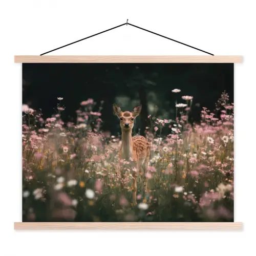 Hert - Wilde bloemen - Bos textielposter latten blank klein -3d