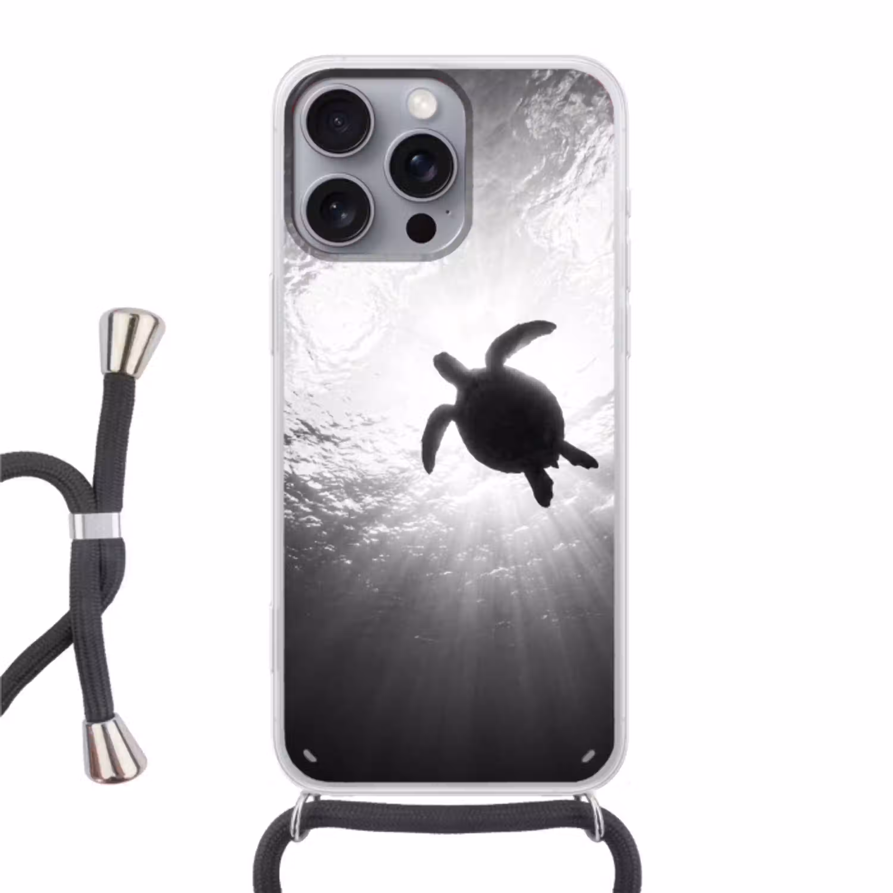 Schildpad - Onderwater - Lichtstralen - Oceaan - Zwart-wit Hoesje iPhone 16 Pro Max met koord klein -3d