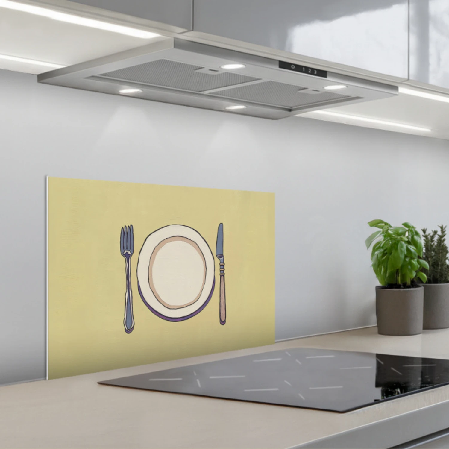 Illustratie - Bord - Bestek - Beige keuken achterwand spatscherm klein -3d_schuin