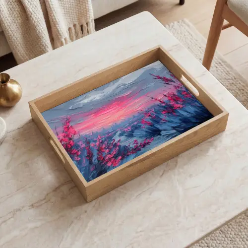 Schilderij - Zonsondergang - Bloemen - Rivier Dienblad Rechthoek middel -sfeer1